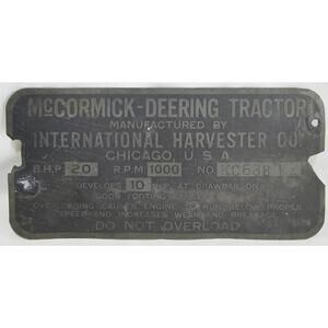 Vintage McCormick-Deering Tractor Plate International Harvester Farming 1927
